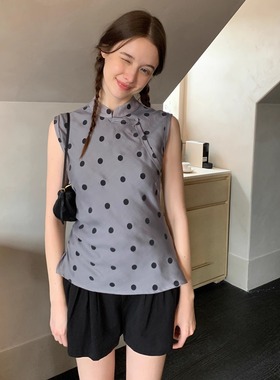 KERNEL COSMOS月夜银霜 轻中式复古小立领T恤斜门襟波点收腰上衣