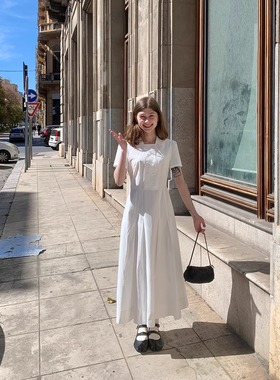 KERNEL COSMOS【白茶仲夏】法式收腰双排扣短袖气质长款连衣裙