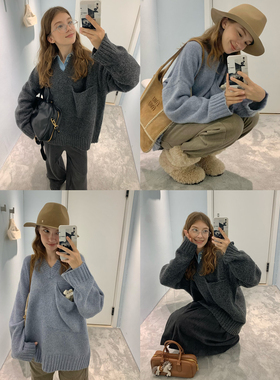 KERNEL COSMOS 冷雾冬境 慵懒风大口袋V领宽松针织羊毛套头毛衣