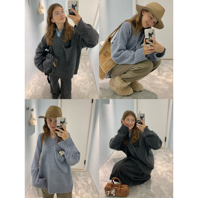 果核宇宙简约V领宽松套头毛衣