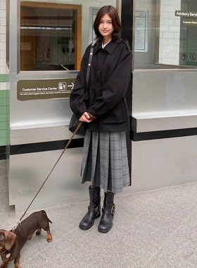 KERNEL COSMOS英式入秋 重工拼接休闲复古内工字褶格纹通勤百褶裙