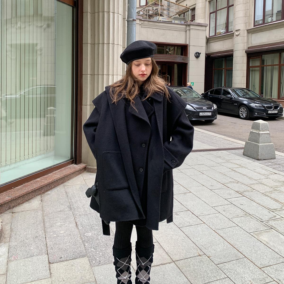 果核宇宙斗篷披肩澳毛双面呢大衣