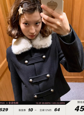 KERNEL COSMOS伯克利冬日 冬季复古双排扣毛领拿破仑撞色短外套