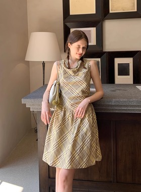 KERNEL COSMOS 柠檬布列塔尼 度假风荡领无袖格纹收腰短裙连衣裙