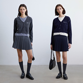 知识分子风刺绣绵羊毛松弛假两件叠穿针织开衫 KERNEL COSMOS