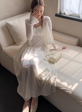 KERNEL COSMOS 夏日山茶花 法式浪漫提花吊带长裙喇叭袖开衫套装