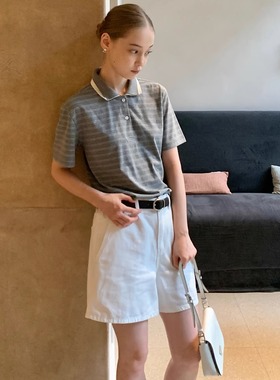 KERNEL COSMOS 岛屿线谱 清爽学院撞色Polo双层领领条纹短袖上衣