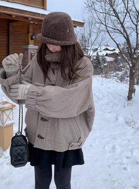 KERNEL COSMOS 可可栗子酥 拼环保毛领牛角扣羊毛呢夹棉外套