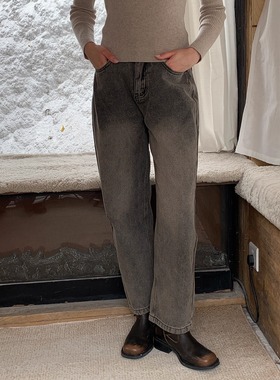 KERNEL COSMOS 彼得旧街 重磅美式直筒复古棕灰洗水做旧牛仔裤