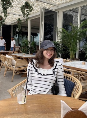 KERNEL COSMOS 春日单行线 法式花边领撞色条纹中分袖短上衣