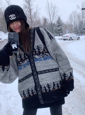 KERNEL COSMOS 初雪之夜 北欧古着感提花针织开衫慵懒绵羊毛外套