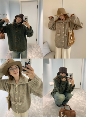 KERNEL COSMOS挪威玛奇朵 慵懒风翻领毛球异型扣加厚软糯羊毛开衫