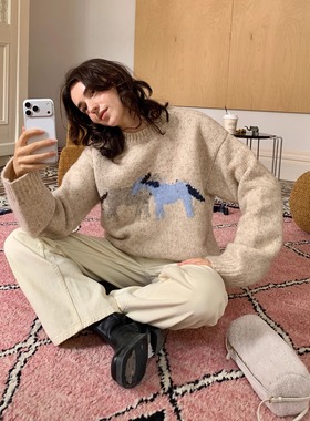 KERNEL COSMOS 拥抱小马驹 慵懒感减龄小马提花杂色羊毛宽松毛衣