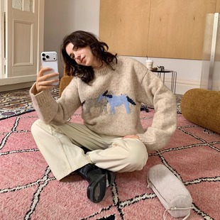 KERNEL COSMOS 拥抱小马驹 慵懒感减龄小马提花杂色羊毛宽松毛衣