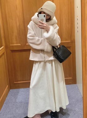 KERNEL COSMOS白梨赴雪 冬气质拼接毛毛连帽宽松夹棉羊毛呢外套