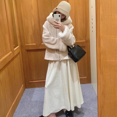 KERNEL COSMOS白梨赴雪 冬气质拼接毛毛连帽宽松夹棉羊毛呢外套