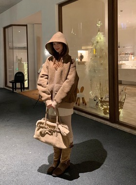 KERNEL COSMOS棕绒暖炉 冬巴恩风麂皮绒皮毛一体加厚休闲卫衣外套