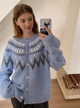 KERNEL COSMOS北岛初雪 冬日北欧风费尔岛提花羊驼毛毛衣开衫外套