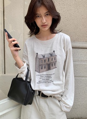 KERNEL COSMOS 小屋画报 圆领小众印花宽松百搭纯棉长袖打底上衣