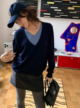 KERNEL COSMOS 卡里诺学院 美丽诺羊毛休闲拼色V领假两件打底毛衣