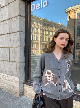 KERNEL COSMOS 秋日小狗 慵懒风小狗提花软糯棉羊毛针织羊毛开衫