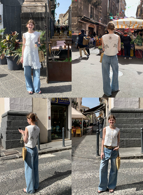 KERNEL COSMOS 漫步卡西斯 浅色渐变水洗破洞休闲直筒牛仔裤