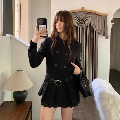 果核宇宙中长款羊毛呢压褶外套