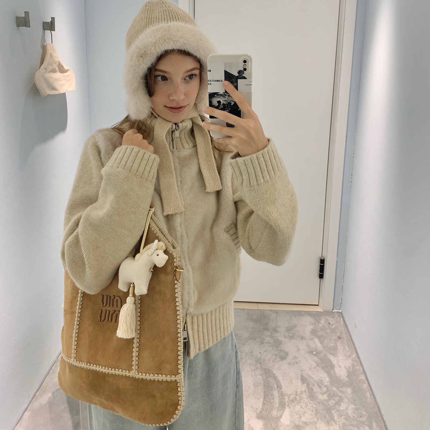 果核宇宙针织拼接毛毛修身外套