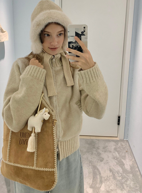 KERNEL COSMOS 杏仁焙果挞 温暖氛围针织拼接毛毛立领修身外套