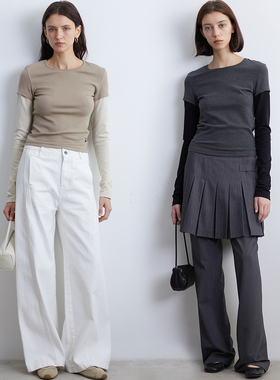 KERNEL COSMOS 春夏时髦假两件拼接长袖正肩显瘦打底T恤