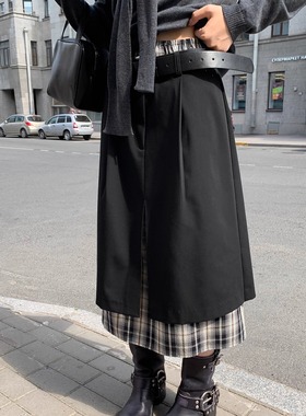 KERNEL COSMOS 马林斯音乐会 设计感A字开叉西装格纹半身裙两件套