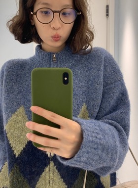 KERNEL COSMOS冷雾都柏林 慵懒chic撞色菱格羊毛提花立领毛衣开衫