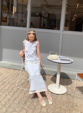 KERNEL COSMOS海风自由集 甜美拼接花边小飞袖塔克褶上衣长裙套装