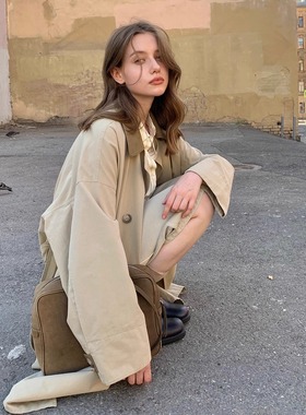 KERNEL COSMOS 西敏大街 麂皮绒复古翻领双排扣天丝棉风衣外套