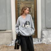 KERNEL COSMOS小狗环游记 慵懒风奶huhu羊毛小狗套头上衣提花毛衣