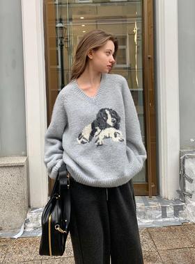 KERNEL COSMOS小狗环游记 慵懒风奶huhu羊毛小狗套头上衣提花毛衣