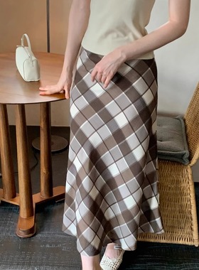 KERNEL COSMOS 榛果冷萃 复古格纹垂感飘逸简约高腰半身裙
