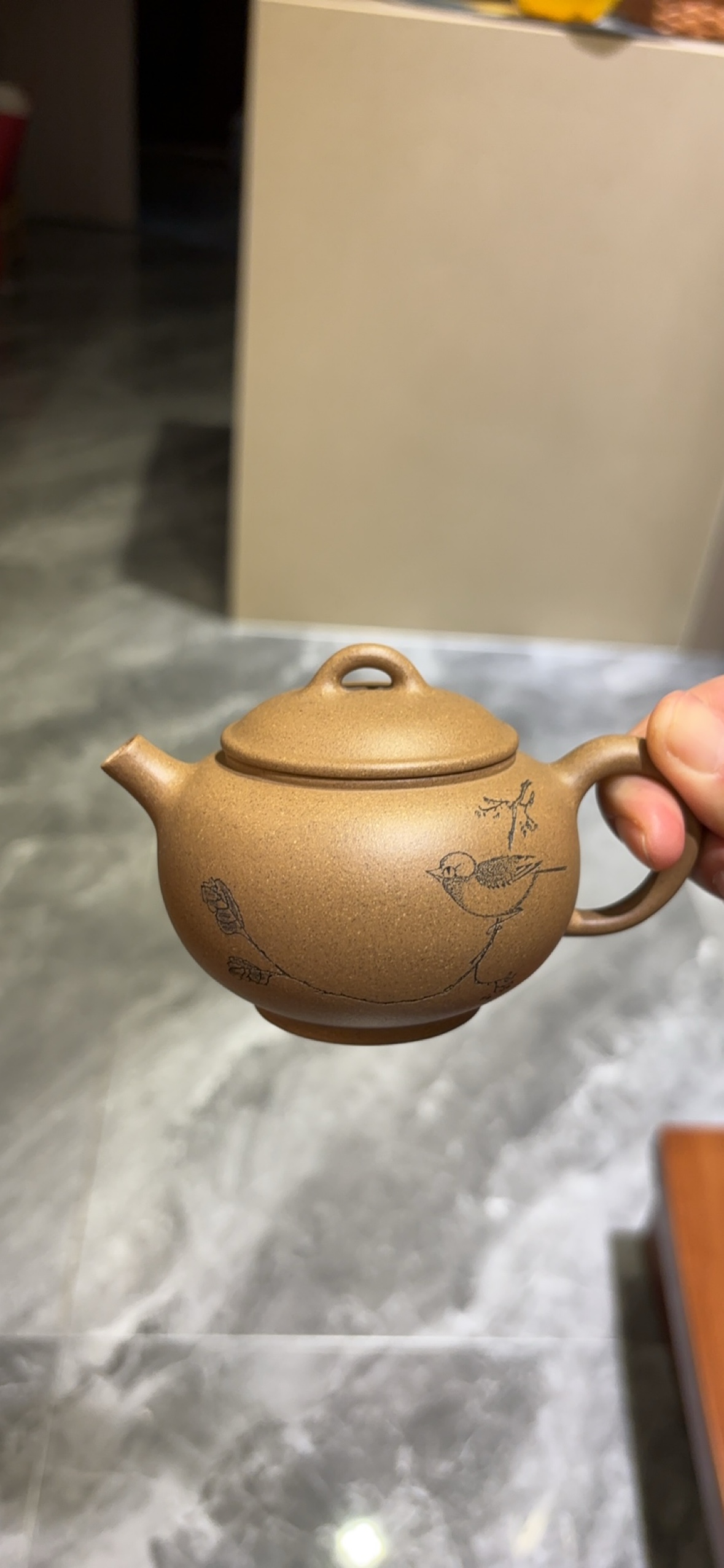 紫砂壶福利老段泥刻绘小鸟