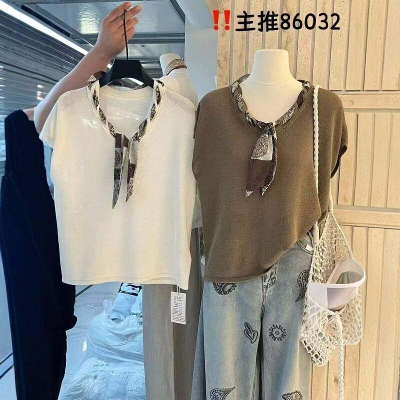 欧韩风高品质冰爽短袖针织衫T恤女夏季洋气丝巾装饰坎肩上衣气质1
