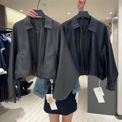 欧洲站春季设计感宽松蝙蝠袖百搭显瘦短外套小个子洋气夹克皮衣女
