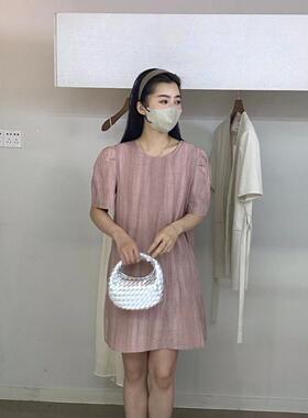清仓款特价MOOTEA抹茶短袖纯色连衣裙2025秋季新款泡泡袖短裙女潮