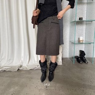 DVZ高品质羊毛呢直筒简约半身裙女秋季显瘦百搭A字中裙灰色口袋裙