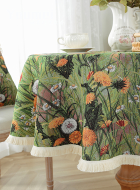 复古浪漫餐桌布艺茶几布圆形提花桌布田园油画感绿色装饰盖布