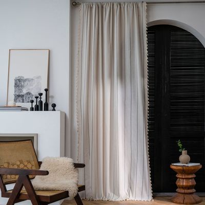 北欧灰色细条纹窗帘成品色织简约流苏小窗厨房帘棉麻半遮光飘窗