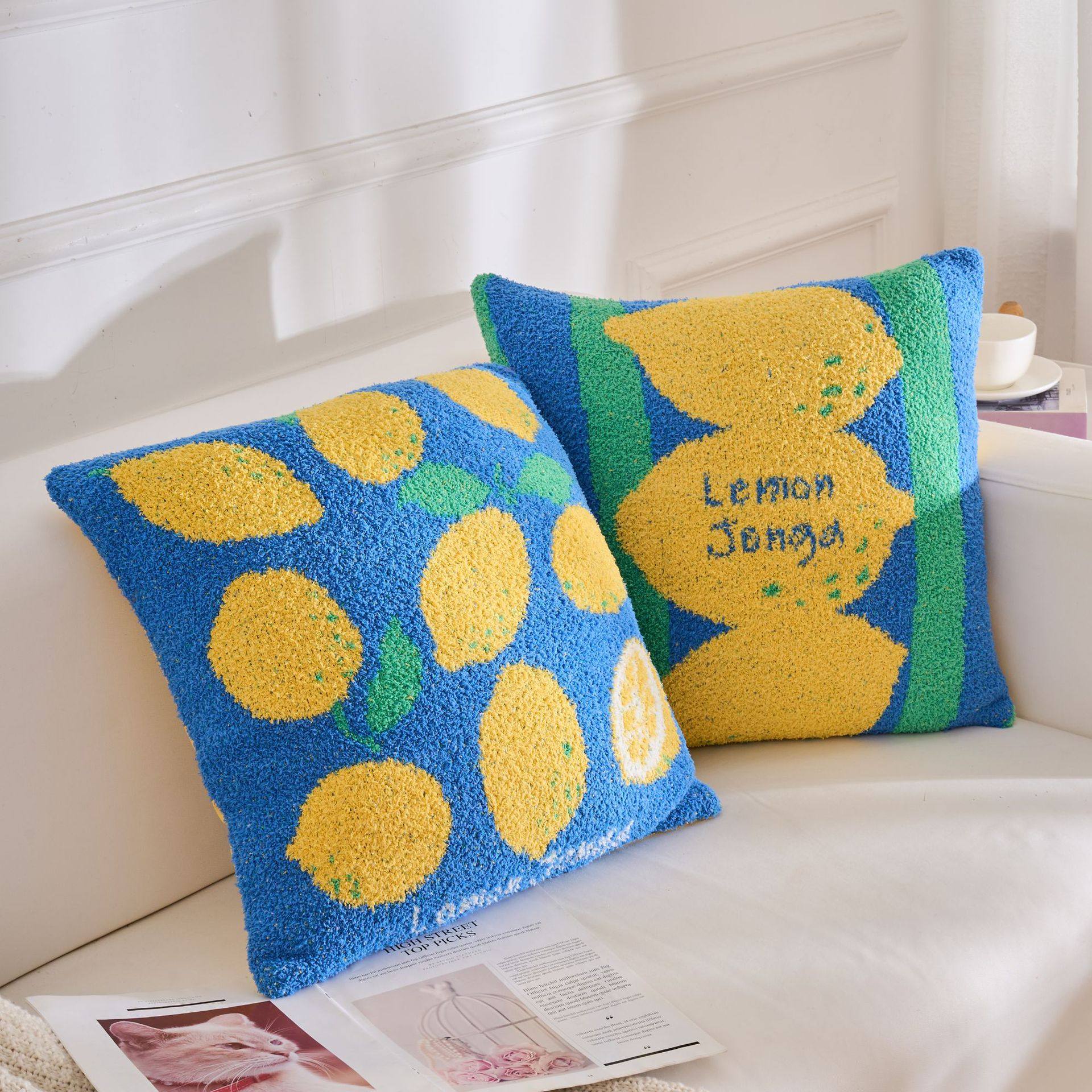 外贸北欧高级感半边绒针织抱枕套柠檬蓝色黄抱枕客厅样板间靠枕垫,居家布艺,抱枕被,淘宝优惠券,粉丝福利购,淘宝优惠卷