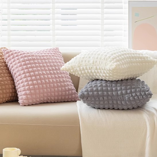 奶油风抱枕家居沙发靠垫ins简约纯色弹力泡芙格子抱枕套床头靠枕