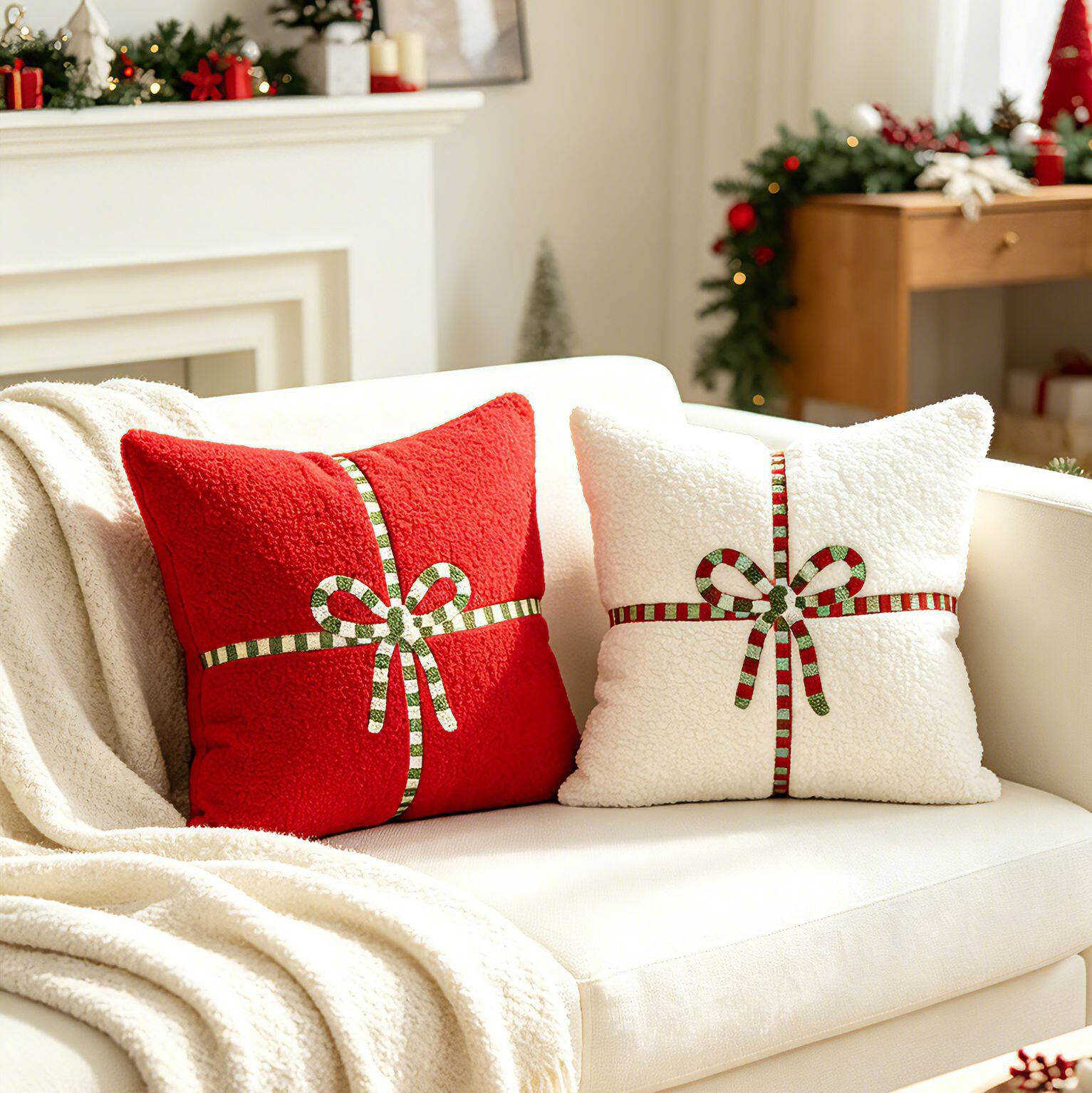 新款圣诞风泰迪绒红色蝴蝶结抱枕套跨境出口美式沙发靠垫靠枕套YC