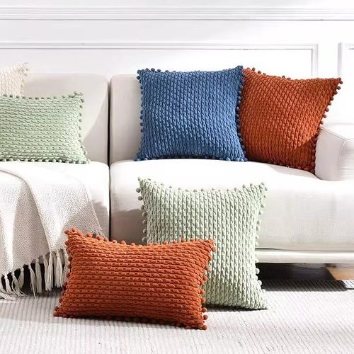 北欧风灯芯绒小胖胖条加毛球柔软舒适抱枕套靠垫套