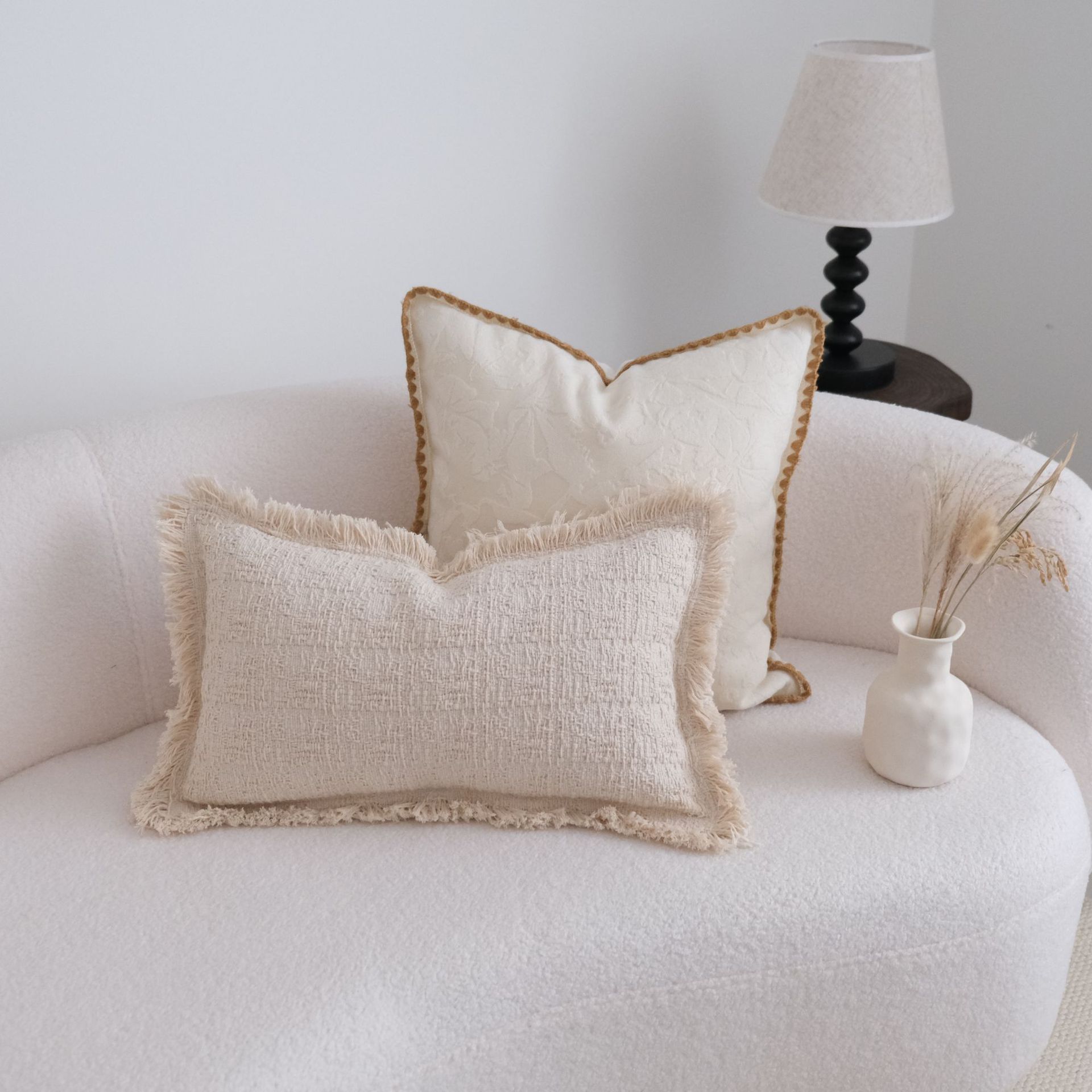 卡其色花边包边抱枕侘寂风流苏腰枕抱枕套沙发靠垫民宿棉麻靠
