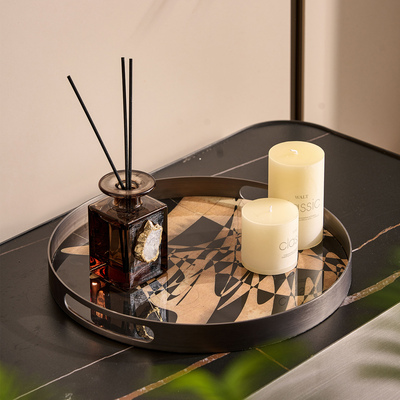 法式轻奢圆形拼木纹理托盘客厅